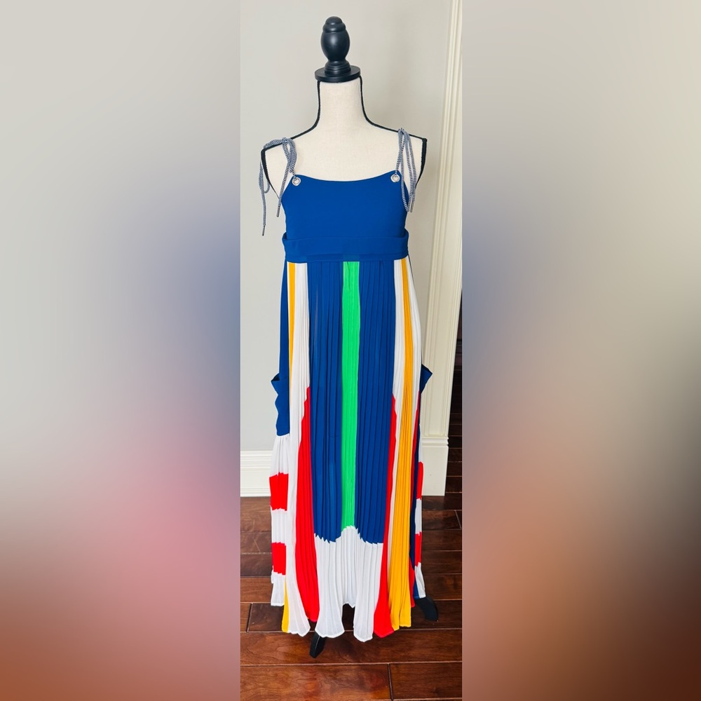 Colorblock Pleated long Dress in Blue, Green, White, Yellow, Red